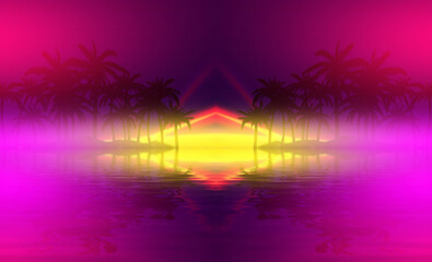 Wall Mural - Silhouettes of tropical palm trees against an abstract background with a dark cloud. Reflection of palm trees in the water. Geometric figure in neon glow. Beach party. 3d illustration