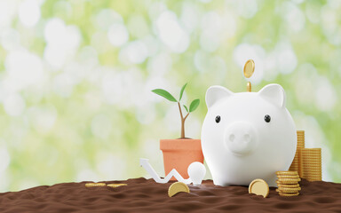 Wall Mural - Piggy bank with gold coin on the ground Saving concept 3D render