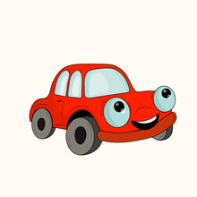 Cute Red Car, Kids Toy. Cartoot Transport. Retro Automobile Isolated On White Background. Vector Illustration. Doodle Style. Design For Baby Print, Invitation, Poster, Card
