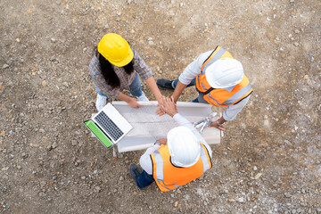 Poster - Architect,Foreman and worker discussing in building construction site in construction site,Construction residential new house in progress at building site.