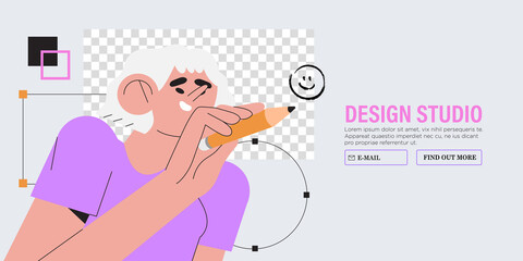 Wall Mural - woman is working on ui ux design project. designer drawing sketch in vector program with big pencil.