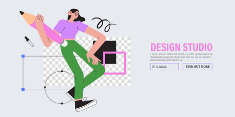 Wall Mural - woman is working on ui ux design project. designer drawing sketch in vector program with big pencil.