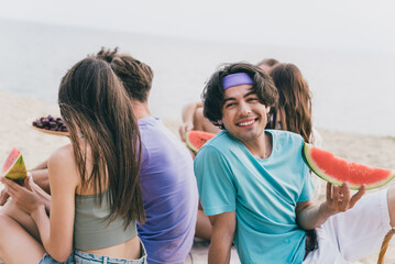 Sticker - Photo of pretty funny young buddies dressed casual outfits enjoying tasty summer berry outdoors countryside