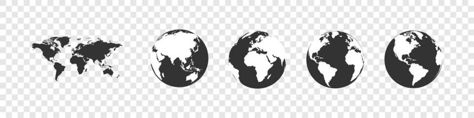 Wall Mural - earth globe collection. set of black earth globes with map. world map icons in flat design. earth gl