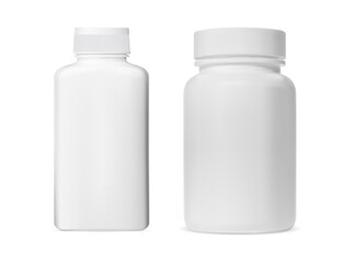 Wall Mural - Pill jar. White plastic supplement capsule bottle mockup. Pharmaceutical prescription tablet cylinder can template. Round tub for medical product, pharmacy pack, powder mockup