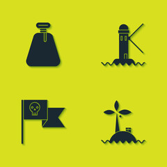 Sticker - Set Pirate sack, Tropical island in ocean, flag with skull and Lighthouse icon. Vector