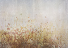Beautiful Flowers And Butterflies On Grunge Background. Design For Wallpaper, Photo Wallpaper, Fresco, Mural And Other.