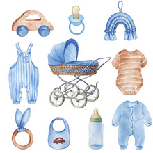 Watercolor Accessories For Newborn Boy Clipart Isolated On White
