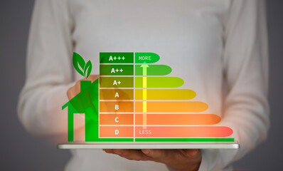 female hand holding tablet and pointing at virtual screen which shown energy efficiency rating ( eer