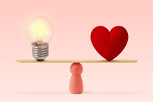 Light Bulb And Heart On Scale On Pink Background- Concept Of Woman And Balance Between Heart And Brain