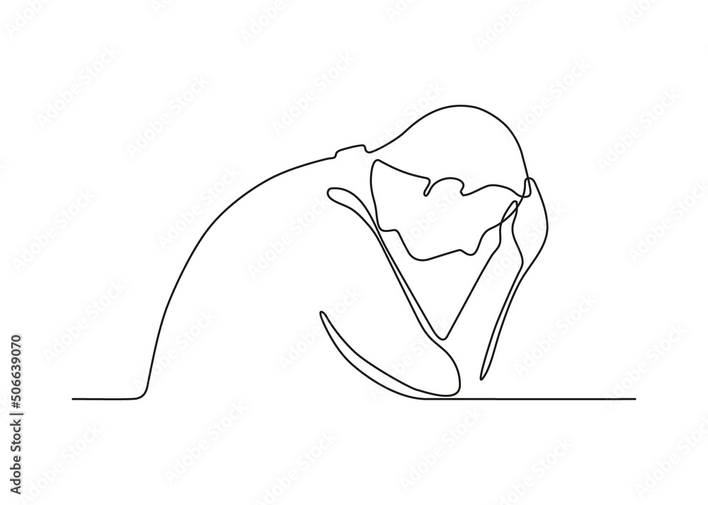 Sad man in problem, anxiety and stress, continuous one line art drawing ...