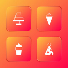 Sticker - Set Cake, Ice cream in waffle cone, and Party hat icon. Vector