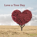 Digital composite image of love a tree day text over red tree in heart shape against sky