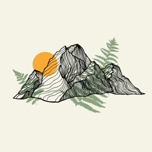 Mountains, Sun And Fern Line Art Vector Print. Vector Illustration For Textile Prints, Cards, Design,logo.