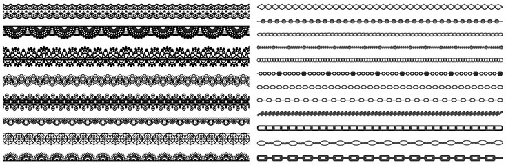 Set of wide lace ribbons with print. Black design elements isolated on white background. Seamless pattern for creating style of card with ornaments. Lace decoration template, ribbons for design