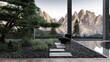 Concrete structure with lounge zone, garden with large bonsai trees, pathway with stones, cozy chair and view to the dolomiti mountains 3d rendering	