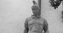 Roman Soldier Statue Outside A Building In Rome, Italy. Close Up