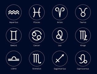 set with 12 zodiac signs on dark blue background, illustration
