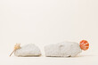 Empty stone podiums with seashells, displays for summer product and cosmetic presentation