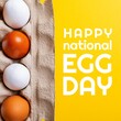 Digital composite image of national egg day text by brown and white eggs in carton