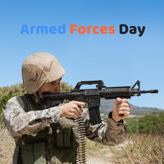 Poster - Composite of armed forces day and caucasian army soldier aiming gun against clear sky, copy space