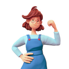 portrait of casual kawaii funny smiling brunette girl in glasses wears blue overalls shows powerful 