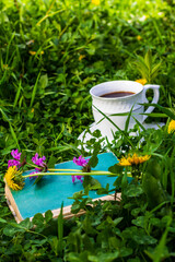 Wall Mural - an old green book with wildflowers and a cup of coffee on a green meadow on a summer or spring morning