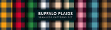 Buffalo Plaid Seamless Pattens Set. Vector Checkered Red, Green, Brown, Blue Plaids Textured Background. Traditional Fabric Print Collection. Flannel Plaid Texture For Fashion, Print, Design