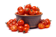 Brown Bowl With Cherry Tomatoes Isolated On White Background, Selective Focus.