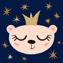 Charming Portrait Of White Bear Cub In Golden Crown With Closed Eyes And A Smile On The Background Of The Night Sky With Sparkling Stars. Vector Mimic Illustration. Cartoon Flat Style, Textured Line