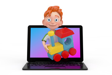 Poster - Cartoon Little Boy Teen Person Character Mascot with Colorful Children Wooden Toy Locomotive Train Invites to Play Through Laptop Screen. 3d Rendering