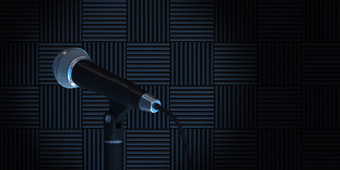 Leinwandbilder - Modern Chrome Microphone in Front of Black Acoustic Foam Panels Background. 3d Rendering