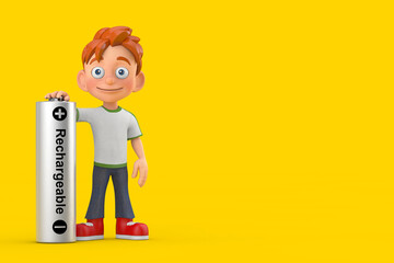 Wall Mural - Cartoon Little Boy Teen Person Character Mascot with Rechargeable Battery. 3d Rendering