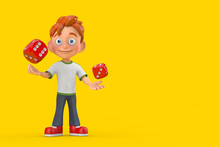 Cartoon Little Boy Teen Person Character Mascot With Red Game Dice Cubes In Flight. 3d Rendering