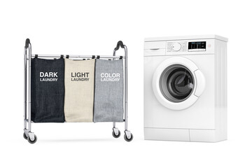 Aufkleber - Empty Compartiments Laundry Clothing Separation Trolley Cart Room Service Tool and Equipment Near Modern White Washing Machine. 3d Rendering
