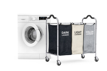 Aufkleber - Empty Compartiments Laundry Clothing Separation Trolley Cart Room Service Tool and Equipment Near Modern White Washing Machine. 3d Rendering