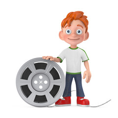Aufkleber - Cartoon Little Boy Teen Person Character Mascot with Film Reel Cinema Tape. 3d Rendering