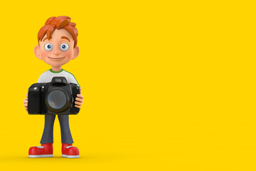 Aufkleber - Cartoon Little Boy Teen Person Character Mascot with Modern Digital Photo Camera. 3d Rendering