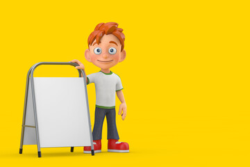 Aufkleber - Cartoon Little Boy Teen Person Character Mascot with White Blank Advertising Promotion Stand. 3d Rendering