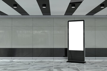 Poster - Blank Trade Show LCD Screen Display Stand as Template for Your Design in Subway Station. 3d Rendering