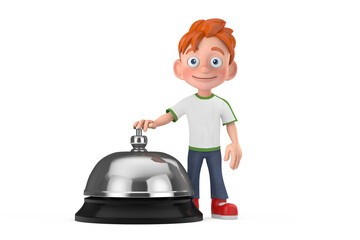 Poster - Cartoon Little Boy Teen Person Character Mascot with Hotel Service Bell Call. 3d Rendering