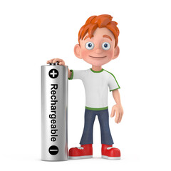 Poster - Cartoon Little Boy Teen Person Character Mascot with Rechargeable Battery. 3d Rendering