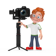 Poster - Cartoon Little Boy Teen Person Character Mascot with DSLR or Video Camera Gimbal Stabilization Tripod System. 3d Rendering