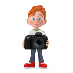 Aufkleber - Cartoon Little Boy Teen Person Character Mascot with Modern Digital Photo Camera. 3d Rendering