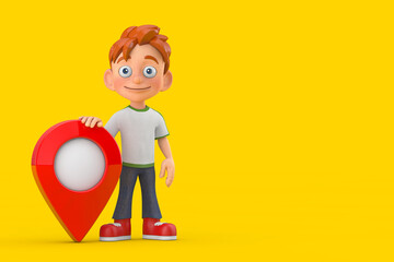 Fototapete - Cartoon Little Boy Teen Person Character Mascot with Red Map Pointer Target Pin. 3d Rendering