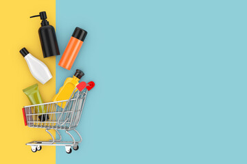 Poster - Many Beauty Fashion Cosmetic Makeup Lotion Bottles Product with Skin Care and Healthcare Concept Falling in Shopping Cart. 3d Rendering