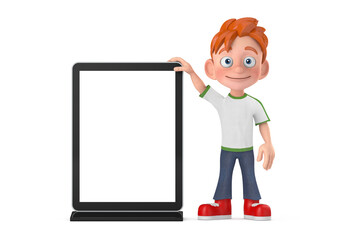 Aufkleber - Cartoon Little Boy Teen Person Character Mascot with Blank Trade Show LCD Screen Display Stand as Template for Your Design. 3d Rendering