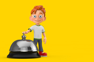 Poster - Cartoon Little Boy Teen Person Character Mascot with Hotel Service Bell Call. 3d Rendering