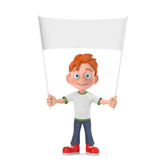 Aufkleber - Cartoon Little Boy Teen Person Character Mascot and Empty White Blank Banner with Free Space for Your Design. 3d Rendering
