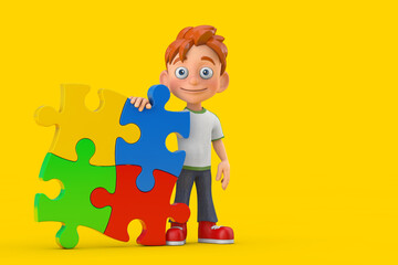 Aufkleber - Cartoon Little Boy Teen Person Character Mascot with Four Pieces of Colorful Jigsaw Puzzle. 3d Rendering